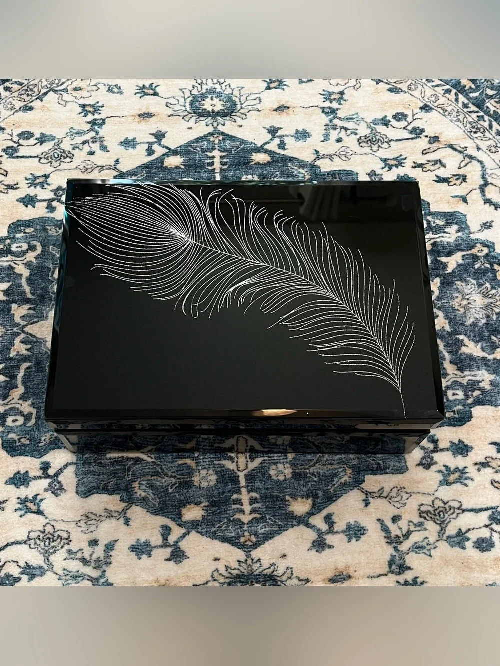 Max Studio Lacquered Black Silver Sparkle Feather Feminine Jewelry Box Organizer
